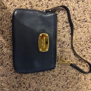 Michael Kors Dark Blue Leather Wristlet with Gold Accents
